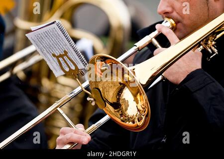 playing music, brass instrument, trombone, playing musics, brass instruments, trombones Stock Photo