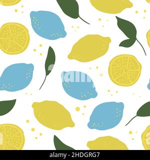 Tropical seamless pattern with yellow lemons and lemon slices. Hand drawn lemons pattern on white background. Fruit repeated background. Vector bright Stock Vector