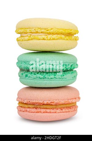 Colored tower of macaroons isolated on white background. Clipping path Stock Photo
