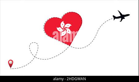 Airplane flight route with Hong Kong Special Administrative Region flag inside the heart. Travel to your favorite country. Stock Vector