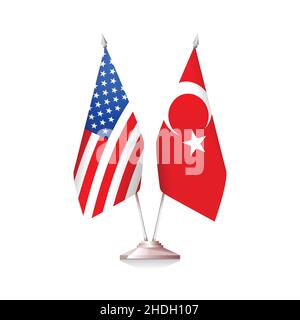 Flags of United States of America and Turkey isolated on white background. Vector illustration Stock Vector