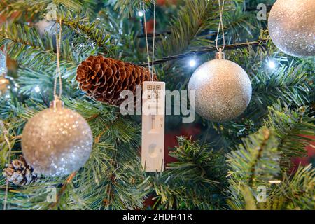 Coronavirus pandemic - A Negative Covid-19 Lateral Flow Test Result hanging on a Christmas tree Stock Photo