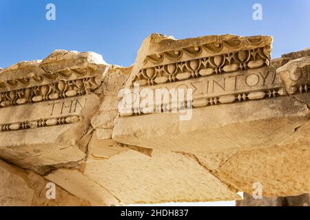 Demre, Turkey - November 12, 2021: ancient Greek ruins with stone-cut ornament and inscription against the sky in Myra Stock Photo