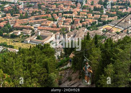Cable car “Colle Eletto” climbing up the Mont Igino and offers a scenic panoramic view of Gubbio, Umbria, Italy Stock Photo