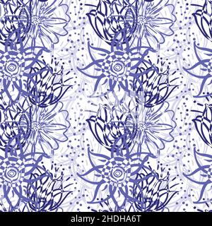 Abstract wild meadow flowers seamless vector pattern background. Botanical periwinkle purple florals texture geometric backdrop. Line art style Stock Vector