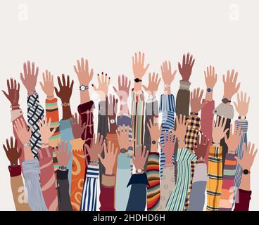 Group of many raised arms and hands of diverse multi-ethnic and multicultural people. Diversity people. Racial equality. Concept of teamwork community Stock Vector