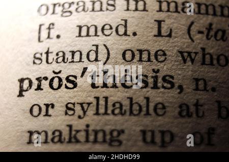 Word prosthesis printed on dictionary page, macro close-up Stock Photo