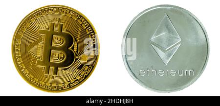 Bitcoin and Ether cryptocurrency coin isolated on white background. Cryptocurrency - image of golden bitcoin physical gold coin and silver Ethereum Stock Photo
