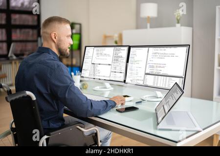 Coder In Wheelchair Using Computer. People In Office Stock Photo