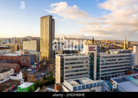 SHEFFIELD, UK - DECEMBER 16, 2021.  Sheffield city skyline showing The Arts Tower skyscraper and Hallam University buildings with copy space Stock Photo