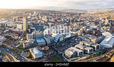 SHEFFIELD, UK - DECEMBER 16, 2021. Aerial view of Sheffield cityscape showing urban sprawl in the South Yorkshire steel city conurbation Stock Photo