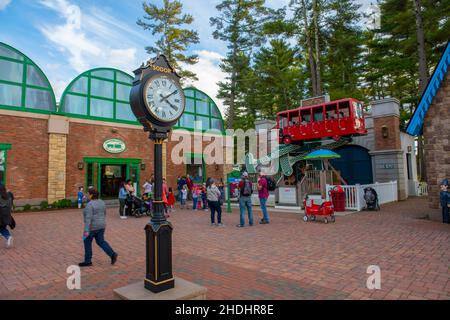Bertie's Bus Tour in Thomas Land USA in Edaville Family Theme Park in town of Carver, Massachusetts MA, USA. Stock Photo