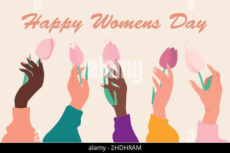 International Women's Day of five diverse women holding a tulip in their hands. Stock Vector