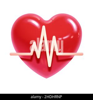 Realistic volumetric drawing of a heart with a cardiogram on a white background for printing and decorating postcards, sites. Vector illustration. Stock Vector