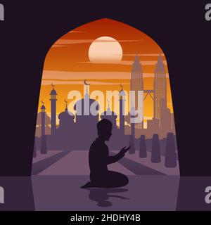 Silhouette of activities of people at famous landmark muslim man pray in mosque in Malaysia,vector illustration Stock Vector