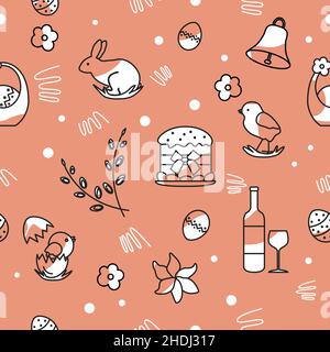 Vector seamless pattern Happy Easter. Illustration with Easter cake, decorated egg in basket, wine, lily, chicken, bunny, bell, willow branch. Religio Stock Vector
