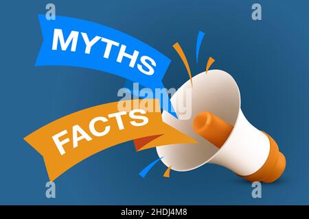 Loudspeaker with myths and facts tags. 3D illustration of megaphone or hand speaker with flying ribbons. Bullhorn emblem or icon. Vector banner templa Stock Vector