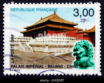 FRANCE - CIRCA 1998: a stamp printed in the France shows Hall of Heavenly Peace, Imperial Palace, Beijing, China, circa 1998 Stock Photo