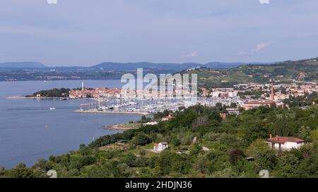 Overview over the seaside village of Izola in Slovenia on a beautiful summer day Stock Photo