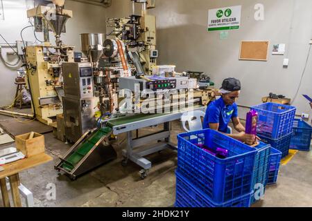 JARABACOA, DOMINICAN REPUBLIC - DECEMBER 10, 2018: Packing area of Cafe Monte Alto coffee factory in Jarabacoa, Dominican Republic Stock Photo