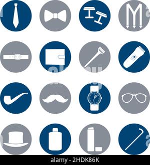 Set of white icons of men's accessories on color background, vector illustration Stock Vector