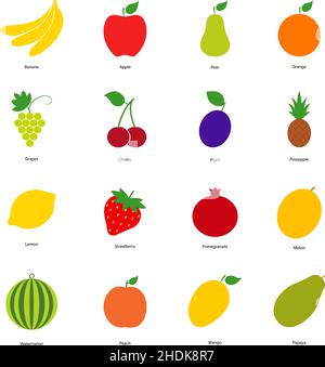 Set of color fruit icons and berry icons, vector illustration Stock Vector