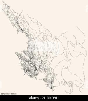 Detailed navigation black lines urban street roads map  of the quarter BERGENHUS BOROUGH  of the Norwegian regional capital city of Bergen, Norway on Stock Vector