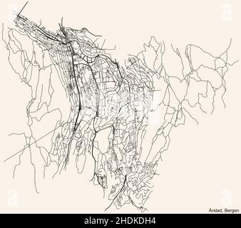 Detailed navigation black lines urban street roads map  of the quarter ÅRSTAD BOROUGH  of the Norwegian regional capital city of Bergen, Norway on vin Stock Vector