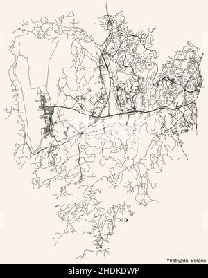 Detailed navigation black lines urban street roads map  of the quarter YTREBYGDA BOROUGH  of the Norwegian regional capital city of Bergen, Norway on Stock Vector