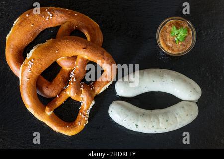 pretzel, sweet mustard, weisswurst, pretzels, sweet mustards, weisswursts Stock Photo