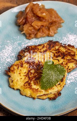 potato pancakes, apple compote, latke, apple compotes Stock Photo