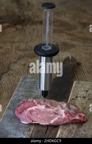 injecting, syringe, raw meat, syringes, raw meats Stock Photo