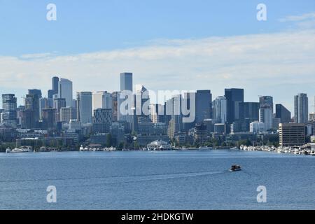 Seattle's downtown skyline as seen from across Lake Union, famous for its Seaplanes, at Gas Works Park in the Fremont neighborhood Stock Photo