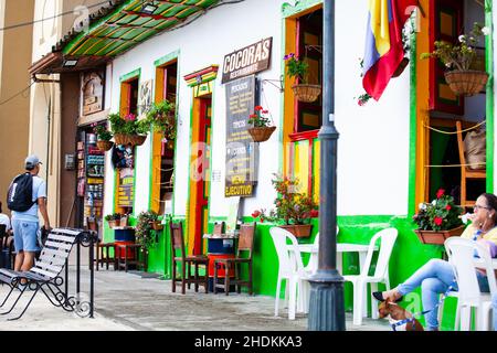 SALENTO, COLOMBIA - JULY 2021. Beautiful facades of Salento an small town located at the Quindio region in Colombia Stock Photo