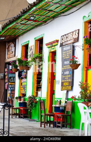 SALENTO, COLOMBIA - JULY 2021. Beautiful facades of Salento an small town located at the Quindio region in Colombia Stock Photo
