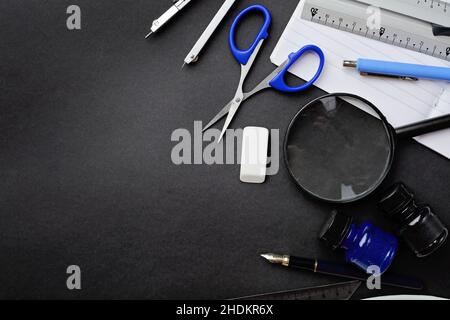 fountain pen, magnifying glass, ink, fountain pens, inks Stock Photo