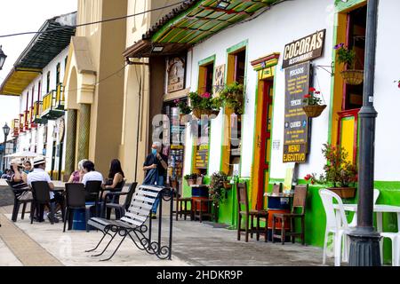 SALENTO, COLOMBIA - JULY 2021. Beautiful streets of Salento an small town located at the Quindio region in Colombia Stock Photo