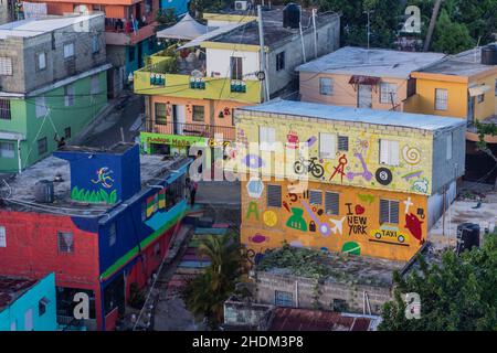 SANTO DOMINGO, DOMINICAN REPUBLIC - NOVEMBER 8, 2018: Colorfuly painted houses in the north of Santo Domingo, capital of Dominican Republic. Stock Photo