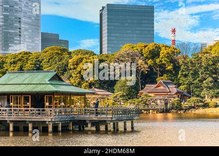 tokyo, japan - april 09 2019: Tourists enjoying Japanese green tea in the Nakajima-no-ochaya teahouse on the Shiori-no-ike pond of Hama-rikyū Gardens Stock Photo