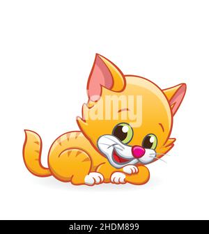 Cute smiling cartoon orange ginger kitten cat lying down vector isolated on white background Stock Vector
