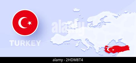 turkey map flag banner. Vector illustration with a map of Europe and highlighted country with national flag Stock Vector