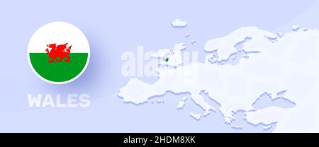 wales map flag banner. Vector illustration with a map of Europe and highlighted country with national flag Stock Vector