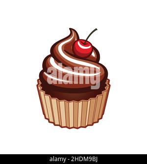 classic cartoon yummy cupcake pink strawberry topping with cherry dessert cake vector isolated on white background Stock Vector