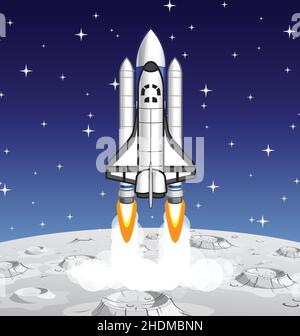 cartoon stylized space shuttle launching from moon lunar surface with starry space sky background vector Stock Vector