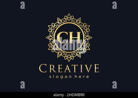 CH Initial Letter Luxury calligraphic feminine floral hand drawn heraldic monogram antique vintage style luxury logo design Premium Stock Vector