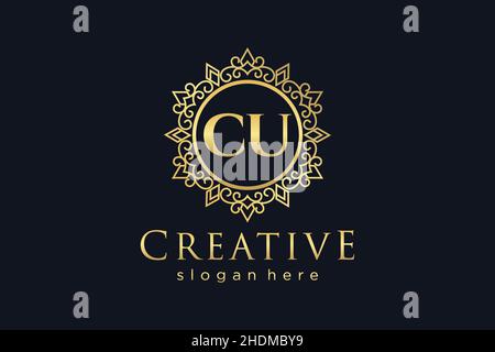 CU Initial Letter Luxury calligraphic feminine floral hand drawn heraldic monogram antique vintage style luxury logo design Premium Stock Vector