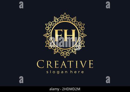 FH Initial Letter Luxury calligraphic feminine floral hand drawn heraldic monogram antique vintage style luxury logo design Premium Stock Vector