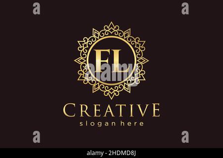 FL Initial Letter Luxury calligraphic feminine floral hand drawn heraldic monogram antique vintage style luxury logo design Premium Stock Vector