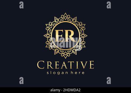 ER Initial Letter Luxury calligraphic feminine floral hand drawn heraldic monogram antique vintage style luxury logo design Premium Stock Vector