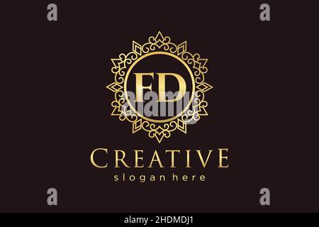 FD Initial Letter Luxury calligraphic feminine floral hand drawn heraldic monogram antique vintage style luxury logo design Premium Stock Vector